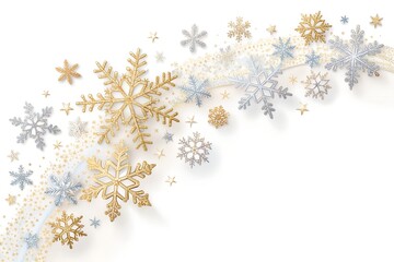 Elegant festive background with sparkling gold and silver snowflakes creating a beautiful winter holiday celebration design with a soft ethereal glow on a white backdrop