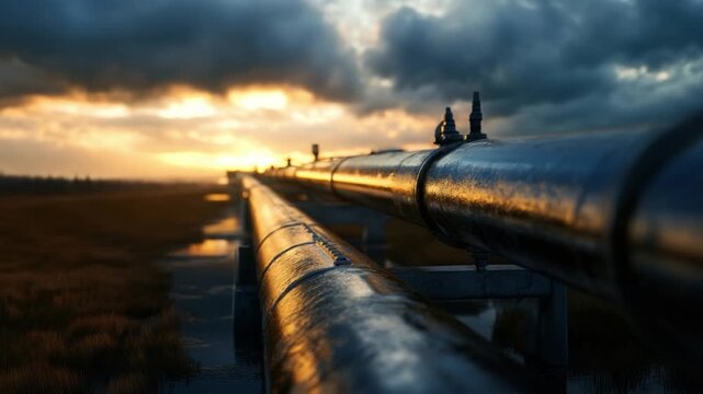 Energy Highway: Industrial pipes extend across a vast landscape beneath a dramatic, clouded sky at sunset, conveying themes of industry, energy, and infrastructure.