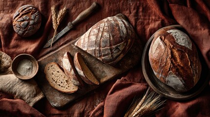 Artisanal breads with sliced loaf on a wooden board rustic food