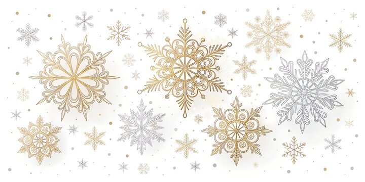 Elegant collection of intricately detailed golden and silver snowflakes scattered across a white background with a soft snowfall effect creating a festive winter holiday atmosphere
