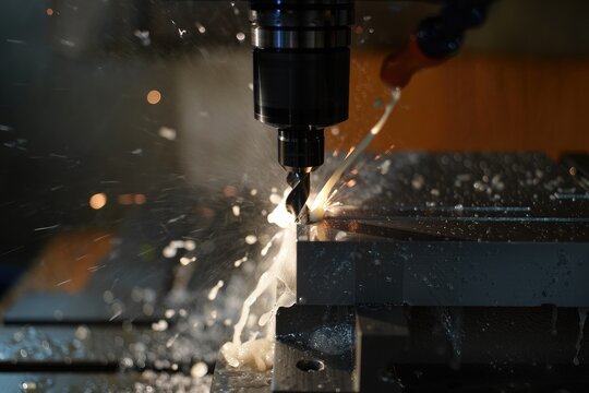 Metal drilling with coolant spray sparks and bokeh