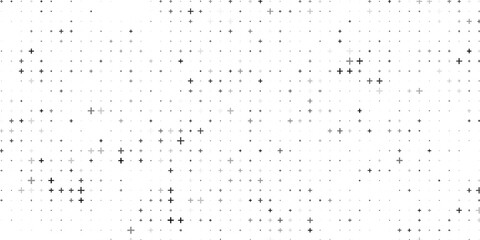 Seamless background pattern of evenly spaced black plus symbols of different sizes and opacity. Vector illustration on white background