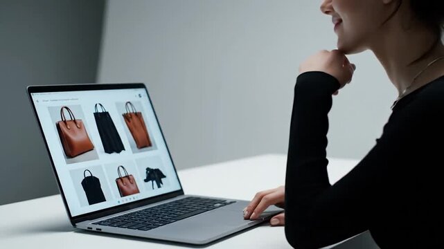 Woman browses fashion items on laptop; minimalist desk, neutral colors