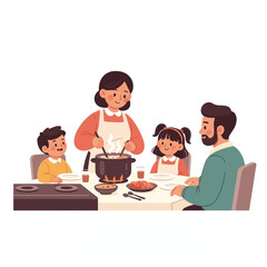 A happy family enjoying a warm meal together at the dining table, with the mother serving food from a central pot.