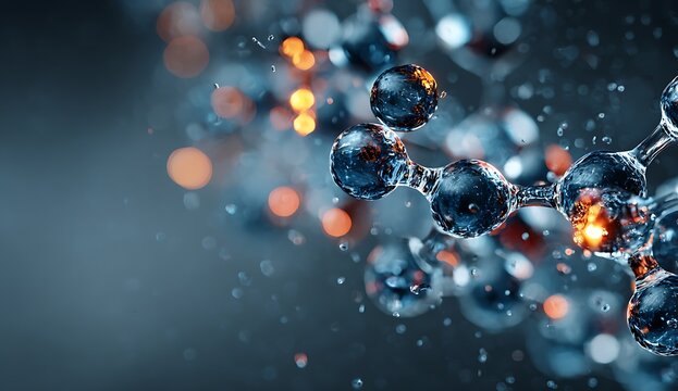 Abstract molecular structure close-up, water droplets, blue - Powered by Adobe