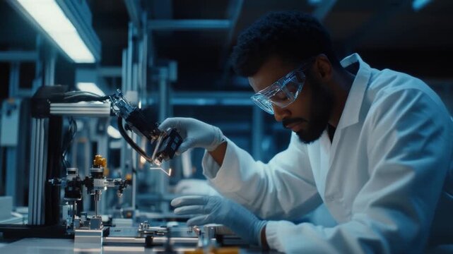 Scientific Precision: A dedicated scientist meticulously examines complex laboratory equipment, focusing on intricate details with utmost precision in a cutting-edge laboratory environment.