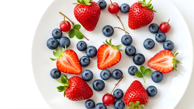 Fresh strawberries and blueberries arranged on a white plate