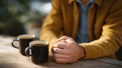 A close-up of weathered hands resting on a table beside coffee cups conveys mutual respect and pride in shared experiences. cinematic color correction, natural uneven lighting yet gentle backlight,
