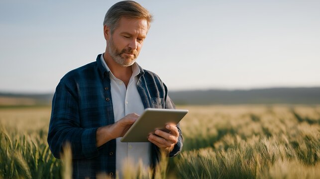 A farmer checking a tablet showing hyperlocal drought and storm alerts beside a field of crops — agricultural forecasting, climate resilience, and real-time farm disaster planning. cinematic color - Powered by Adobe