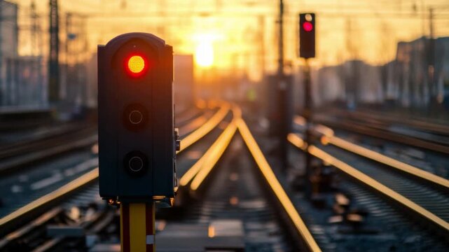 Red Signal at Sunset: A train signal glows a defiant red against the radiant backdrop of a setting sun. The parallel railway tracks stretch into the distance.