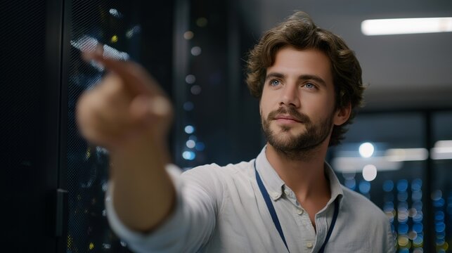 IT specialist performing diagnostics in a dimly lit data store surrounded by blinking servers — cybersecurity protection, network resilience, and mission-critical data management workflow.