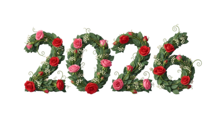 Floral arrangement forming the number 2026 with roses and greenery isolated on transparent background