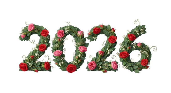 Floral arrangement forming the number 2026 with roses and greenery isolated on transparent background