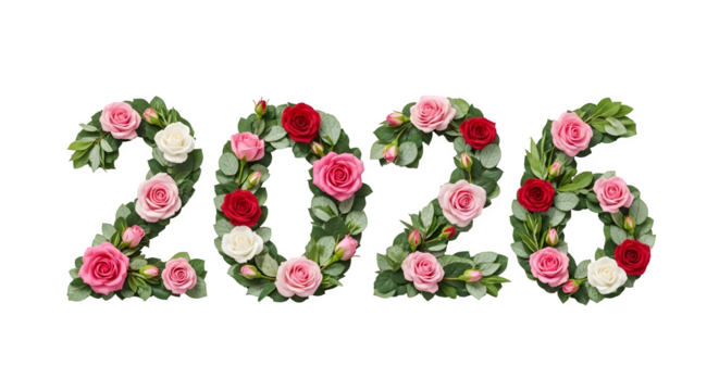 Floral numbers 2026 formed from roses and leaves isolated on transparent background