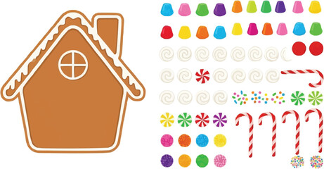 Gingerbread House Vector Kit with Candy Decorations, Icing Swirls, Gumdrops, Candy Canes, and Sprinkles Elements