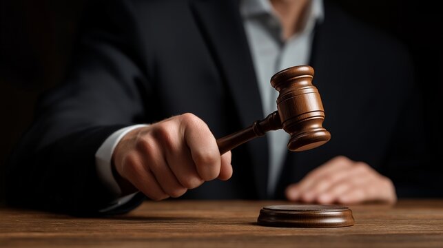 Close-up of auctioneer’s poised hand gripping a polished wooden gavel above a vintage table moments before the final strike — concept of decisive moment in live auctions, heritage craftsmanship,