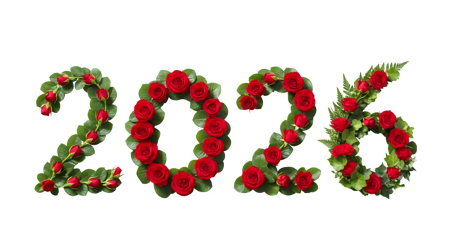 Year 2026 numbers formed from red roses and green leaves isolated on transparent background