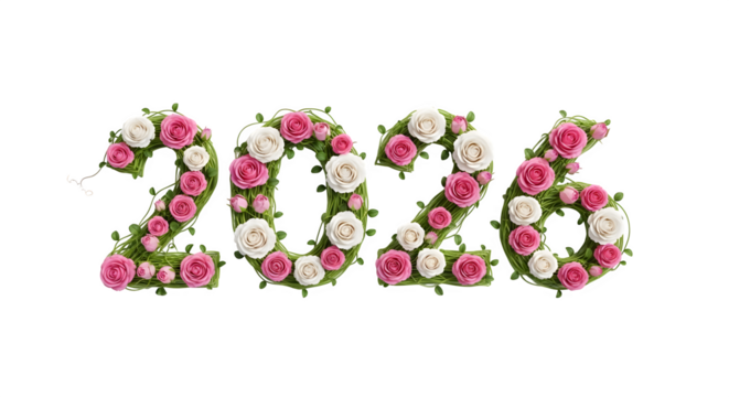 Year 2026 formed from beautiful pink and white roses and green leaves isolated on transparent background