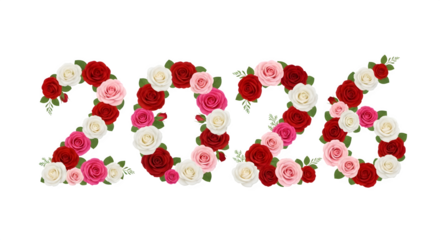 Year 2026 numbers formed by beautiful red and pink roses isolated on transparent background