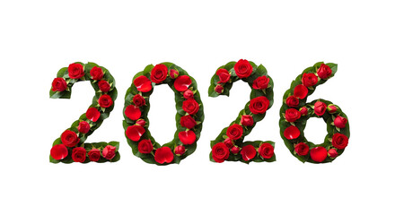 Fototapeta premium Sparkling red gemstone numbers 2026 forming the new year isolated on transparent background