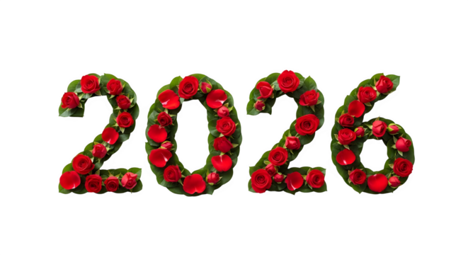 Sparkling red gemstone numbers 2026 forming the new year isolated on transparent background