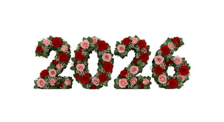 Floral 2026 numbers made of red and pink roses and green leaves isolated on transparent background