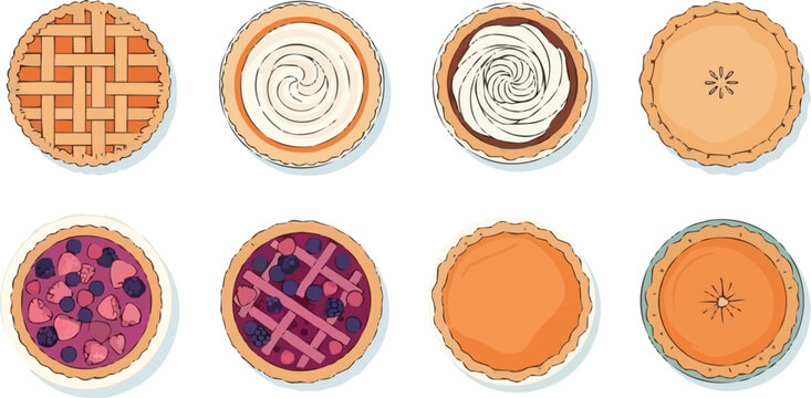 Top-down vector pies set, lattice pie, whipped cream pie, berry pie pink purple, pumpkin pie orange, dessert illustration, bakery food collection