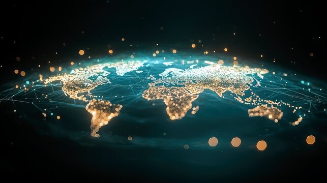 A glowing digital map of the Earth, illuminated by interconnected lights and network lines, against a dark background. - Powered by Adobe