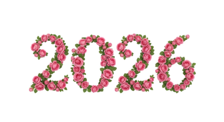 Elegant floral numbers 2026 formed from delicate pink roses isolated on transparent background