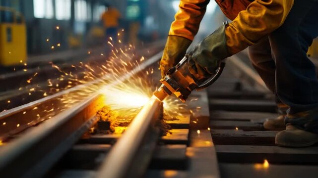 Welder at Work: A skilled welder focuses intently, sparks flying as he expertly fuses metal rails together, embodying the essence of industry and craftsmanship.
