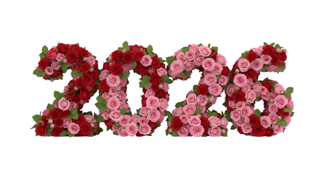 Year 2026 numbers formed by beautiful red and pink roses isolated on transparent background - Powered by Adobe