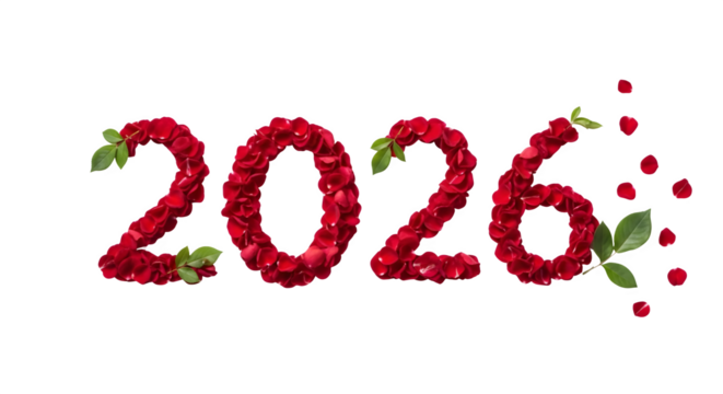 Red rose petals form the year 2026 with green leaves isolated on transparent background