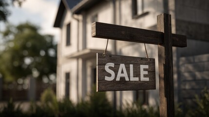 Obraz premium Eye-catching photo of for Sale sign, isolated background, beige house background, soft lignht, realistic 3d render.