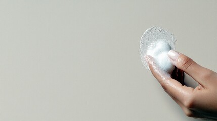 A hand holds a cotton pad with cleansing foam and water, suggesting skincare or beauty routines.