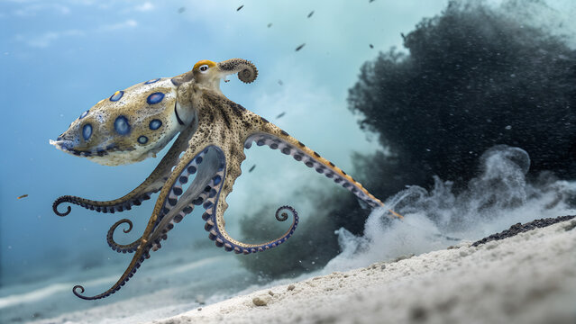 Blue ringed octopus underwater photography poisonous sea creature marine wildlife ocean animal close up shot - Powered by Adobe