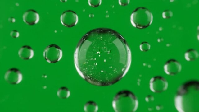 Water droplets on a bright green surface, various sizes in focus