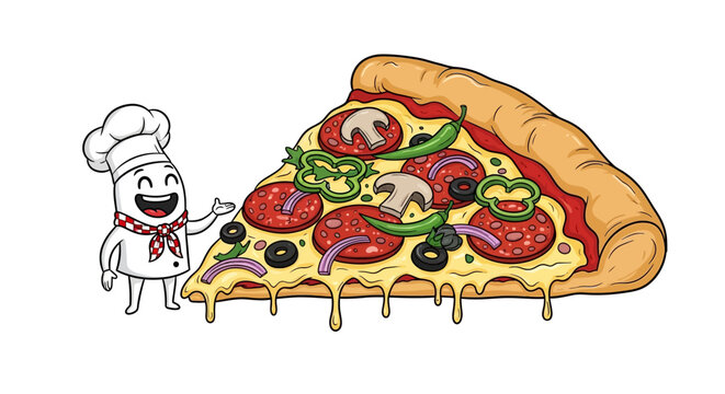 Delightful cartoon chef presenting a giant slice of flavorful pepperoni pizza perfection