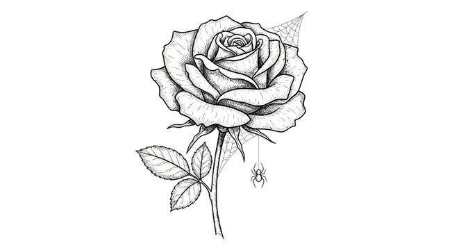 Detailed monochrome drawing depicting a rose combined with a spider, showing intricate ink work