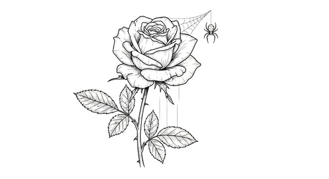 Floral monochrome tattoo design of a rose with spiderweb and spider for gothic allure and contrast