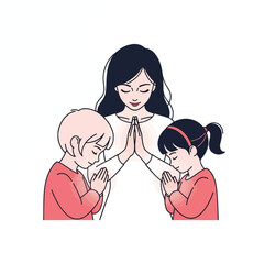 Mother and two children praying together with closed eyes and hands pressed in a gesture of devotion or meditation.