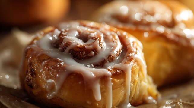 Macro close-up of a cinnamon roll with glossy icing and rich texture, capturing warm tones and cozy bakery atmosphere. perfect for bakery advertising, food blogs or recipe book.