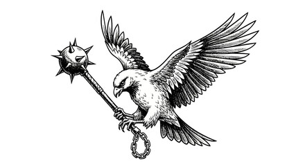 Fototapeta premium Soaring Eagle Clutching a Spiked Mace: A Symbol of Freedom and Strength etched