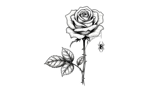 Intricate rose line art with delicate shading and a small spider drawing a story