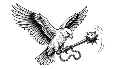 Fototapeta premium A Powerful avian Warrior Gripping a Spiked Mace Mid-Flight in Detailed Black and White Illustration