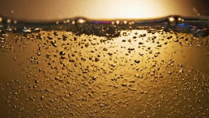 Dynamic Effervescent Golden Liquid with Sparkling Bubbles. Close-up of Fizzing Amber Beverage Surface, Capturing Refreshment and Celebration Concepts. - Powered by Adobe