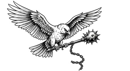 Fototapeta premium Sketchy illustration of a bird of prey holding a medieval spiked mace weapon in its talons