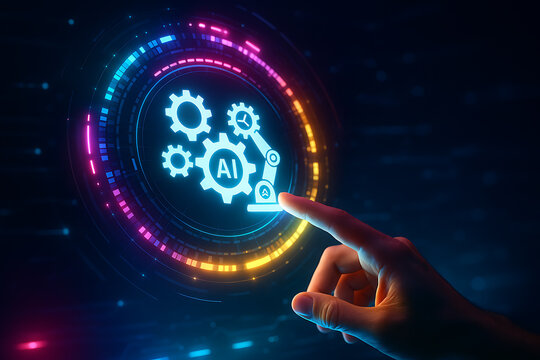 Finger pointing at glowing AI automation gears icon with futuristic digital interface