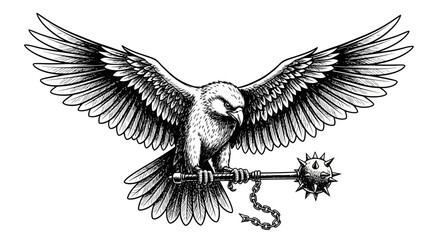Fototapeta premium Majestic eagle gripping spiked mace with powerful wings spread, evoking strength and power a