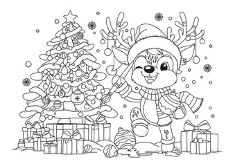 A Christmas reindeer wearing a Santa hat stands by the tree, painting a Christmas tree ornament with a brush. Coloring pages for children and adults. Black and white illustration for coloring.