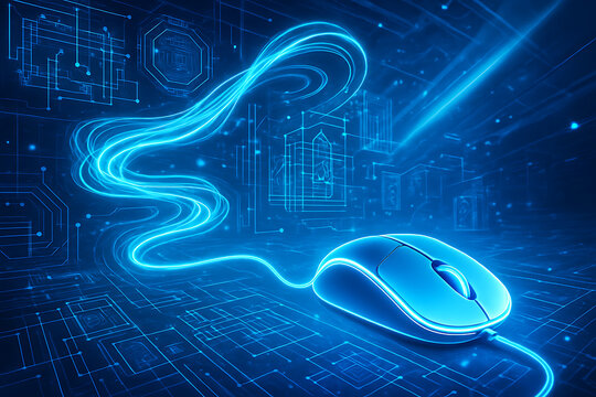Futuristic Computer Mouse with Data Stream in Glowing Cyberspace Circuit Board